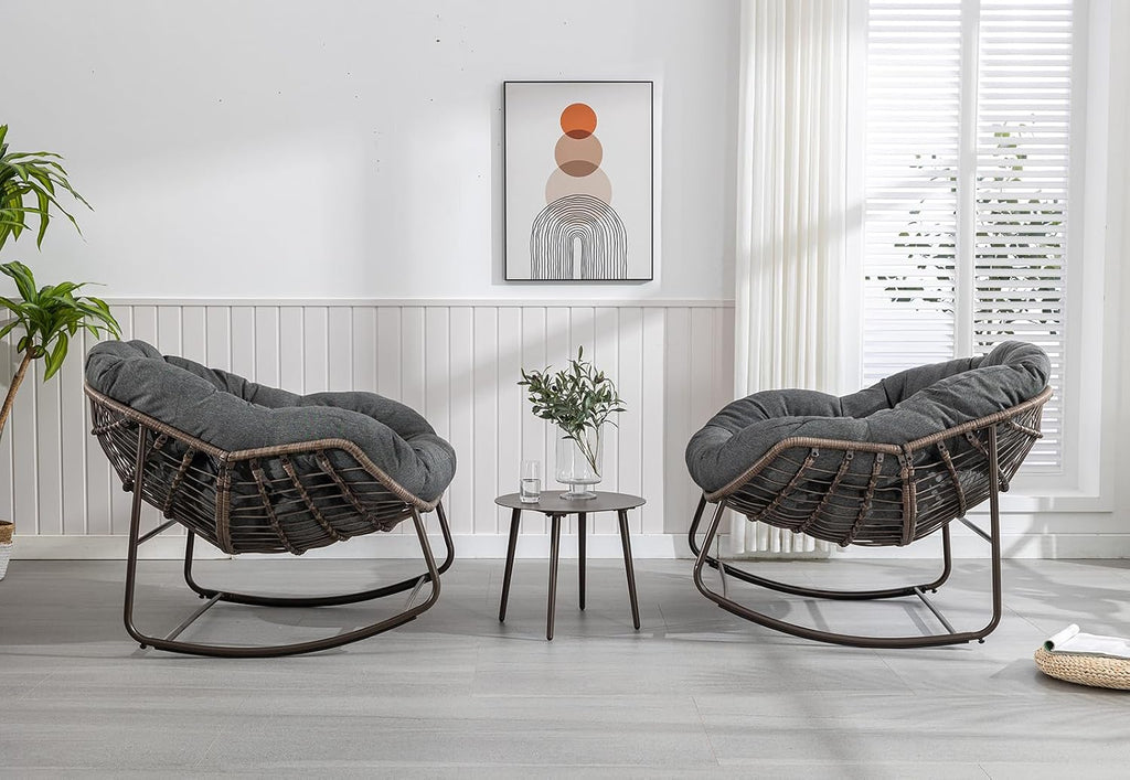 Outdoor Rocking Chair, Patio Oversized Wicker Egg Rocking Chair, Indoor & Outdoor Comfy Rocker Chair with Thick Cushion, Modern Lounge Chair for Balcony, Front Porch, Garden, Backyard, Deck, Grey