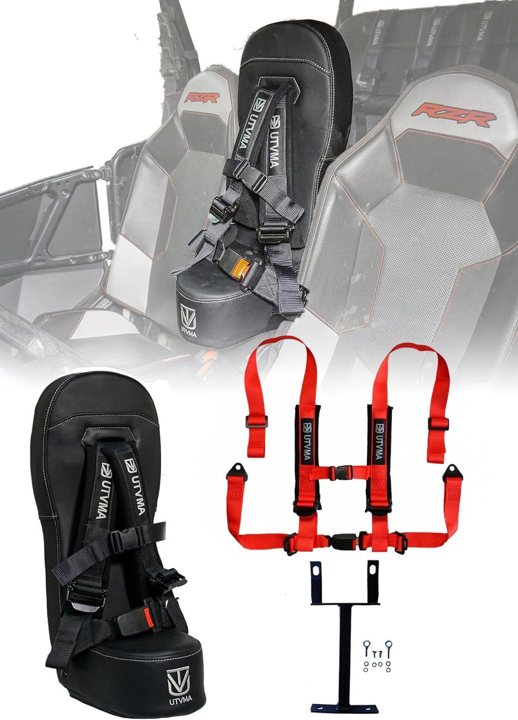 UTVMA RZR 1000 and 900 (2014-2023) Bump Seat with 4-Point Harness | Kids Seat | Jump Seat | All Models (XP, Turbo, Turbo S, High Lifter, Sport, Premium, Ultimate) (Seat with Red Harness)