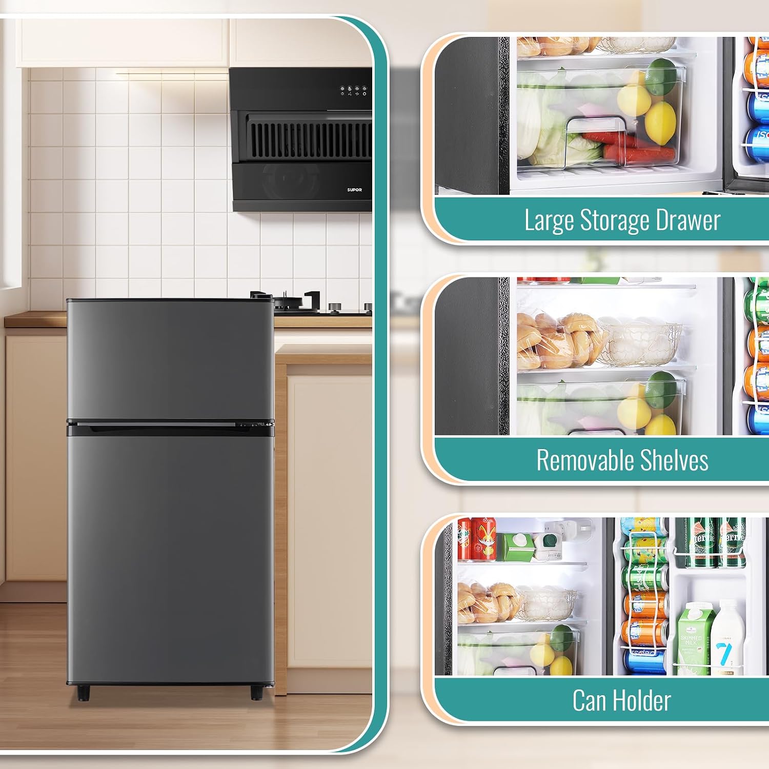 WANAI 3.5 Cu.Ft Mini Fridge with Freezer, Compact Refrigerator for Office, Dorm, Apartment, 7-Level Adjustable Thermostat, 2 Removable Shelves and Bakset, Small Fridge in Dark Gray