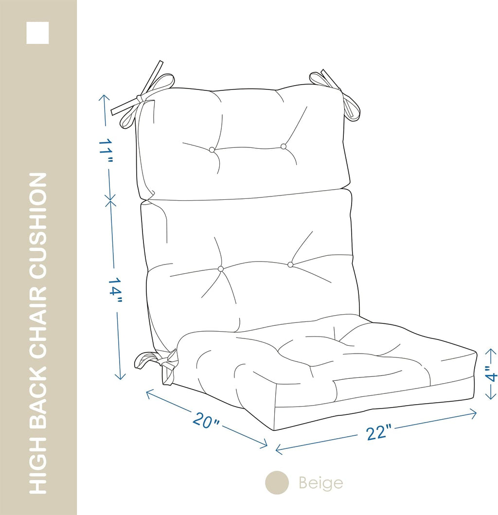 Outdoor Indoor High Back Chair Cushions Set of 4,Waterproof All-Weather Patio Adirondack Rocking Chair Cushions,Seat Back Chair Cushion for Outdoor Furniture with Ties,45x22 Inch, Beige