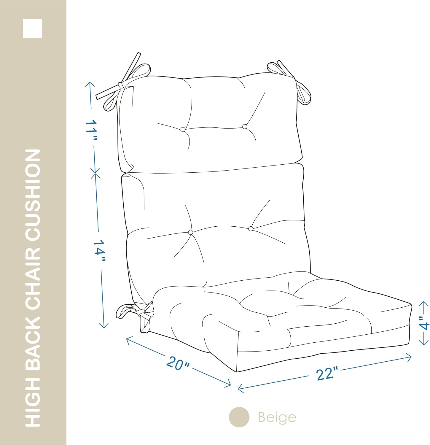 Outdoor Indoor High Back Chair Cushions Set of 4,Waterproof All-Weather Patio Adirondack Rocking Chair Cushions,Seat Back Chair Cushion for Outdoor Furniture with Ties,45x22 Inch, Beige