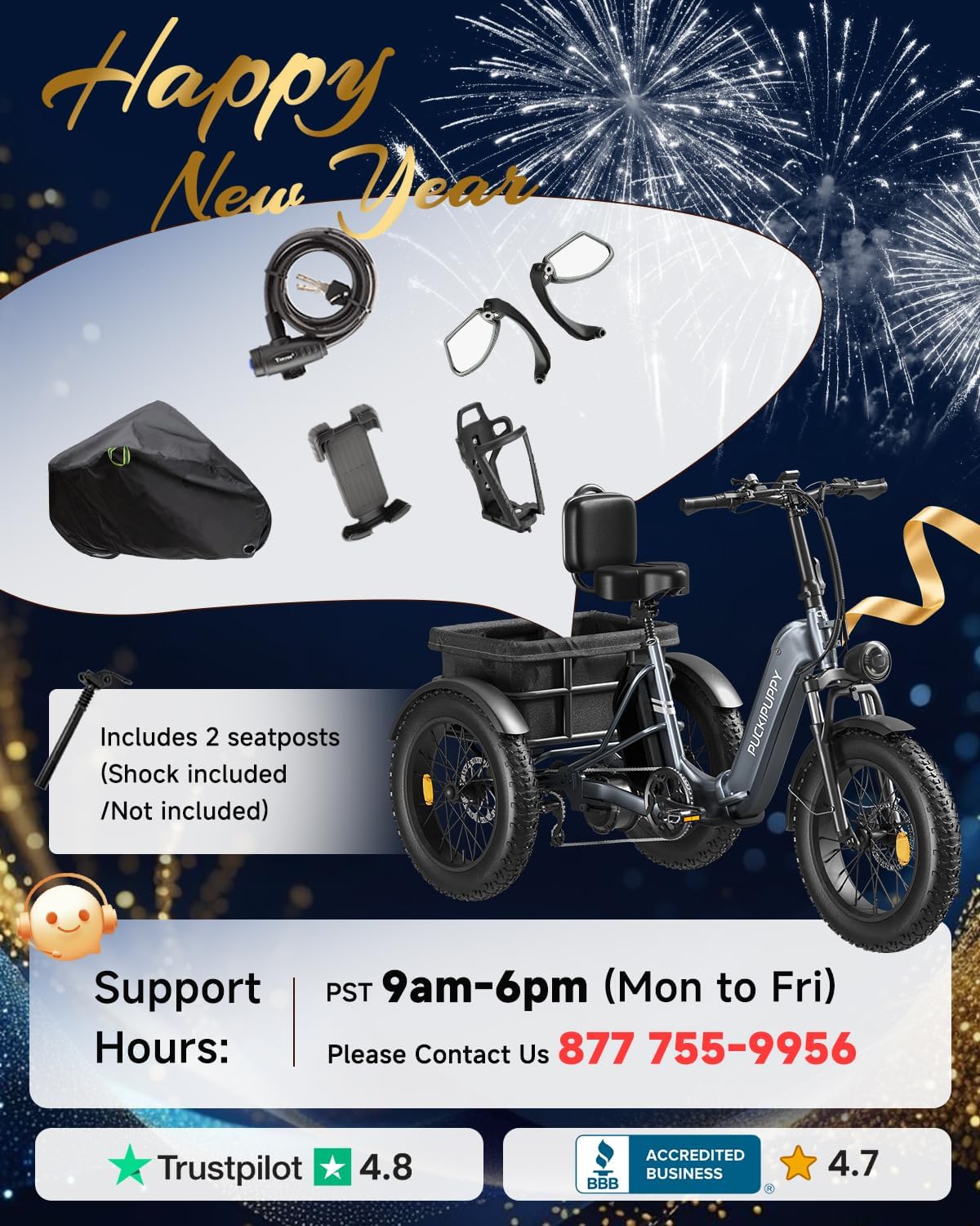 PUCKIPUPPY Electric Trike for Adult with 960W Peak Motor, 60 Miles Range Pickup Class Tricycle, 500 Lbs Load Electric Trike with Rear Differential and 20' Fat Tires, 48V 17.4AH Cell Battery, Husky