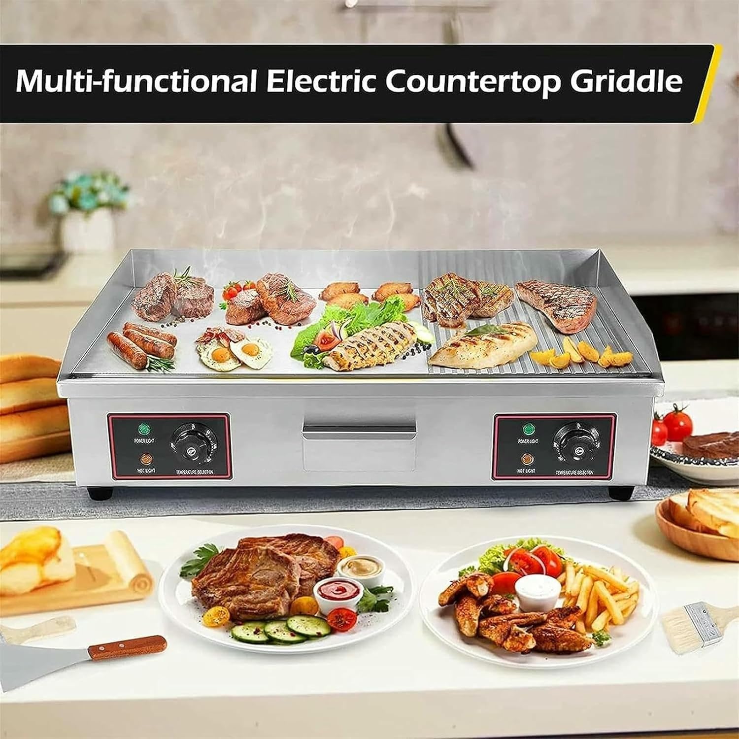 4400W Commercial Electric Griddle Hot Cooking Plate, Commercial Stainless Steel Adjustable Countertop Hot Plate BBQ Grill