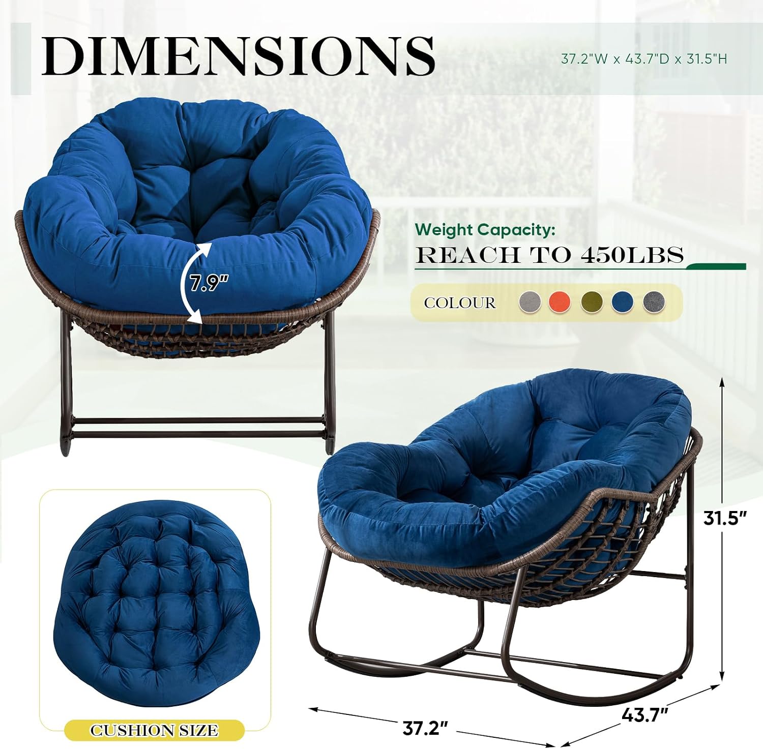 Deolme Large Papasan Rocking Chair with Cushion, Oversized Comfy Reading Chair Lounging Indoor Outdoor Rocker for Front Porch Backyard Bedroom Living Room Egg Chair Rattan (Blue Padded)