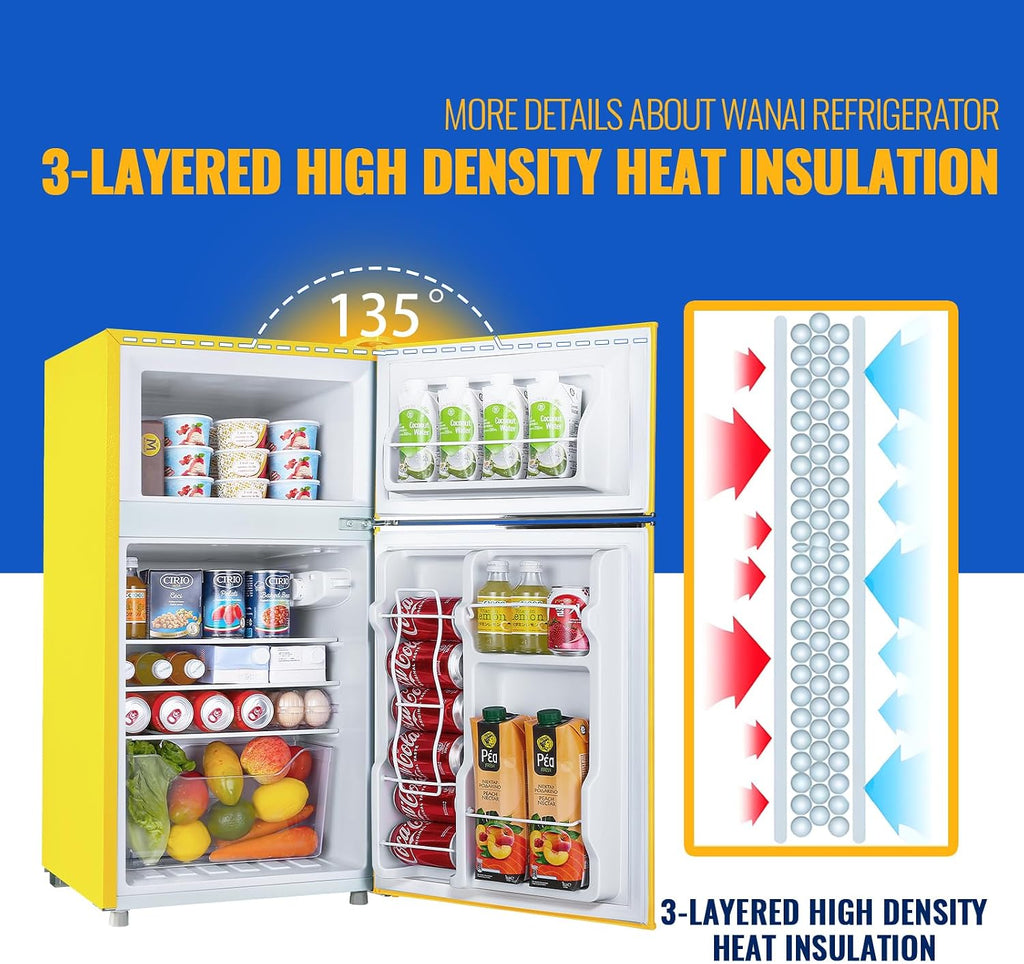 WANAI 3.5 Cu.Ft Retro Refrigerator 2 Door Mini Fridge with Freezer and 2 Handles 7 Level Adjustable Thermostat Control Top-Freezer Refrigerator for Home Dorm Apartment Yellow