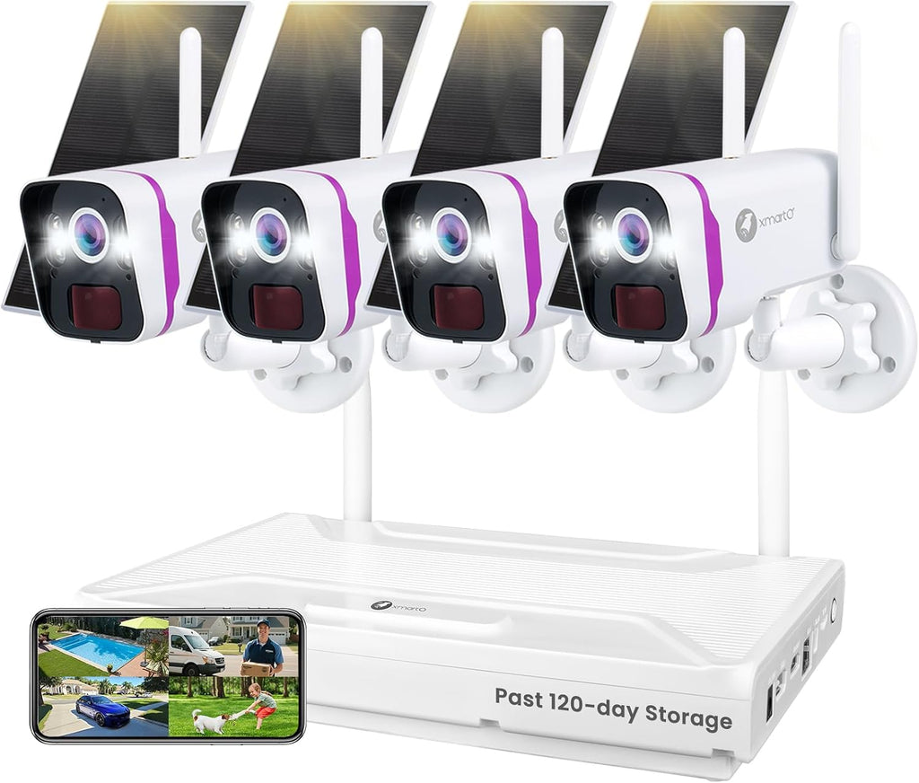 xmartO Wireless Solar Security Camera System, 10CH 4K Expandable WiFi6 NVR+4*4MP 2K Outdoor Cams, All Weather Solar, 2-Way Audio, IR&Color NV, Long Range WiFi Mesh, Free 120-Day Video,No Monthly Fees