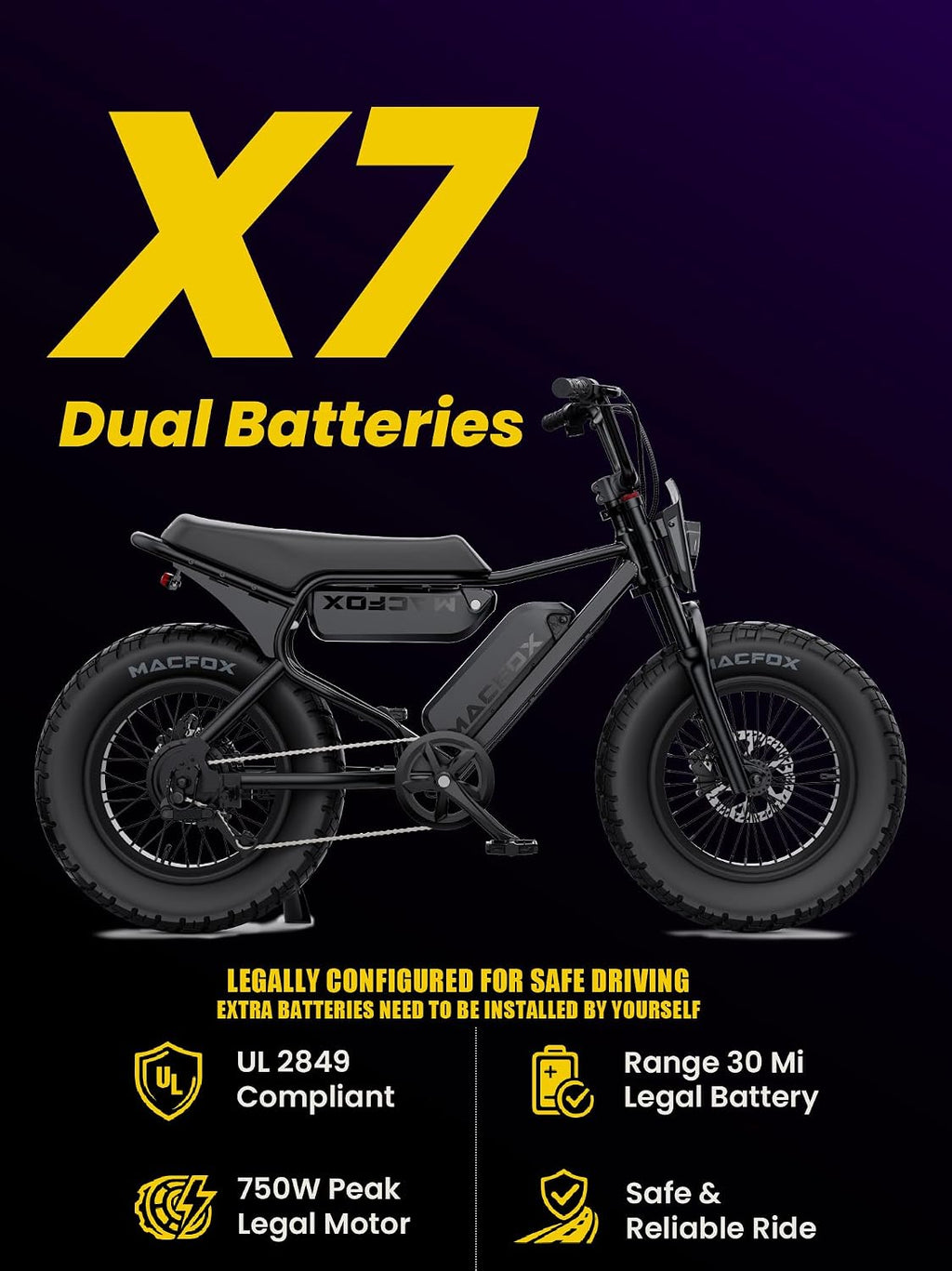MACFOX X7 Electric Bike for Adults, 750W EBike with Hydraulic Brakes, 48V 13Ah Removable Battery 30 Mile Range, Upgraded 20x5.0 Rear Fat Tire for School/City/Town Commuting (UL2849 & Class-2)