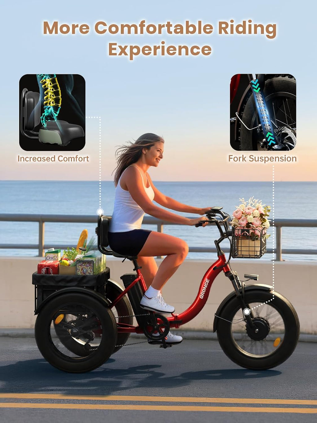 QRONGE Electric Tricycle for Adults 960W Peak, 36V 15AH Battery Ebike 50 Miles Range with Large Rear Basket, Electric Trike 20'*4' Fat Tire, Max 20MPH 3 Wheel Folding Electric Trike for Adults(Lava)