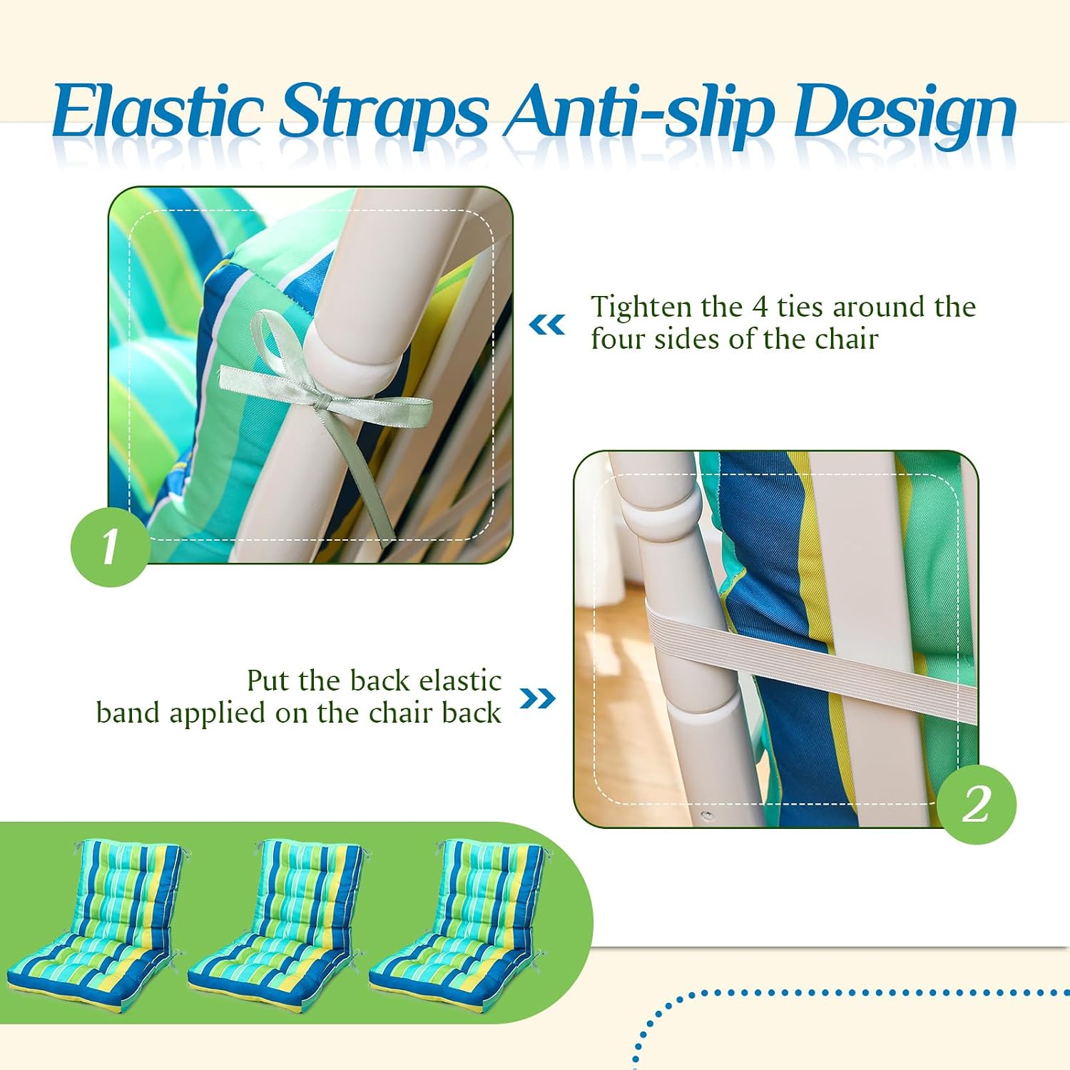 Hoteam 6 Set Patio Chair Cushions Outdoor 20 x 40 Inch High Chair Patio Cushion for Outdoor Furniture Waterproof Seat Rocking Indoor Thickened Pad(Striped Style,Green)