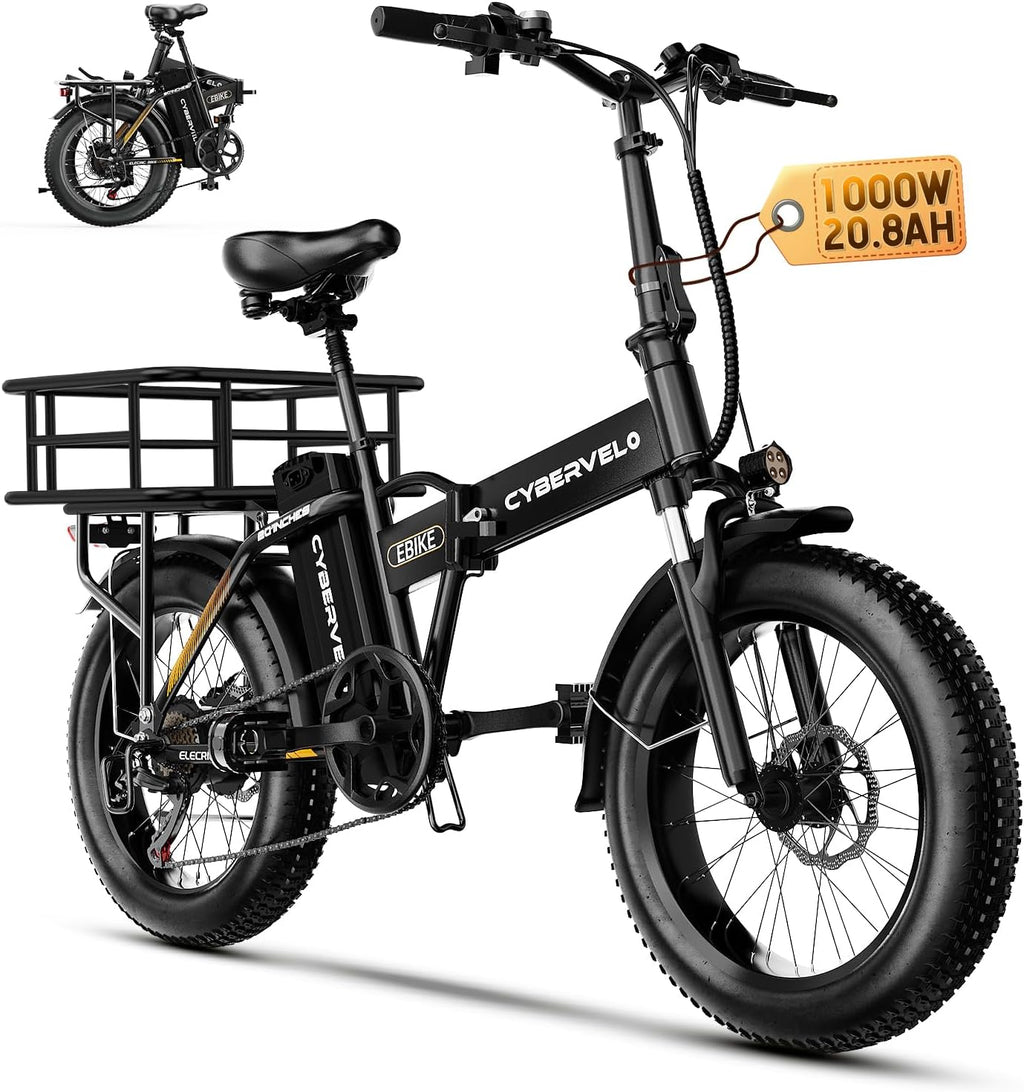 Cybervelo 750W Folding Electric Bike, 48V 20.8AH/50AH Large Removable Battery E-Bike, 80 Miles Max Range, 20' Fat Tire Electric Bike for Adults, Adult Electric Bicycles for Commute