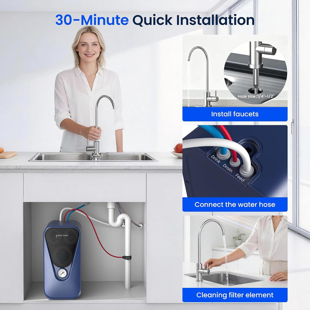 GLACIER FRESH GFU03 Reverse Osmosis System 800 GPD, No Electric/Noise, 3:1 Pure to Drain, 5-Stage Tankless Under-Sink Water Filter System, Filtration Accuracy 0.0001μm, for Any Under-Sink Setting