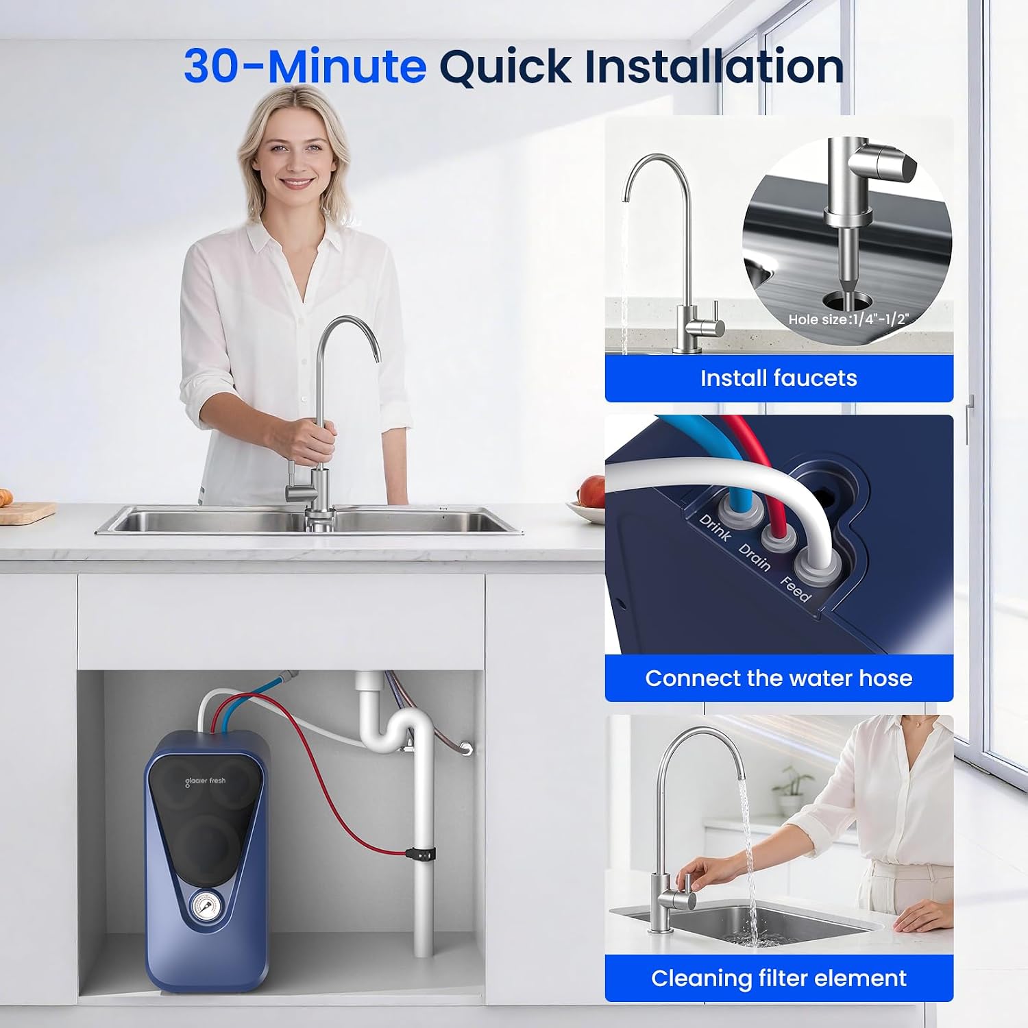 GLACIER FRESH GFU03 Reverse Osmosis System 800 GPD, No Electric/Noise, 3:1 Pure to Drain, 5-Stage Tankless Under-Sink Water Filter System, Filtration Accuracy 0.0001μm, for Any Under-Sink Setting