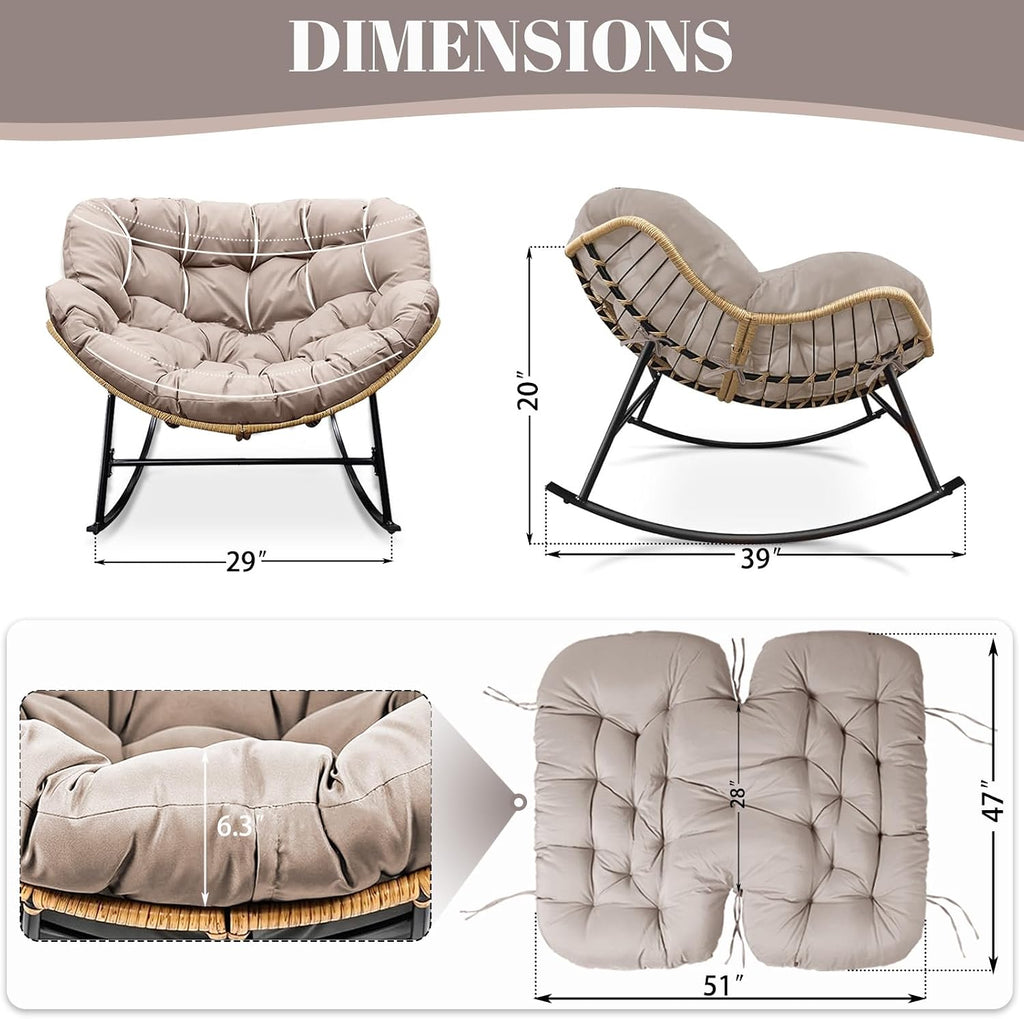 Outdoor Rocking Chair Cushions Replacement, 6''Thick Waterproof & Fade Resistant Papasan Chair Cushion with 6 Straps,Tufted Egg Chair Cushion for Indoor & Outdoor (Khaki)
