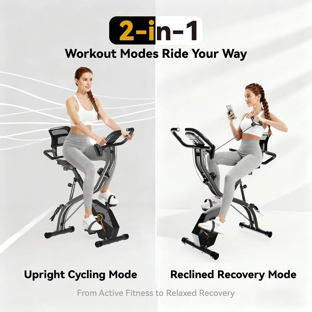 USLIM Foldable Exercise Bike Stationary Bikes for Home, 5 IN 1 Indoor Workout Bike, Cycling Bike with 16-Level Quiet Magnetic Resistance, 6.6 LBS Flywheel and 300LBS Capacity for Senior and Home Workout
