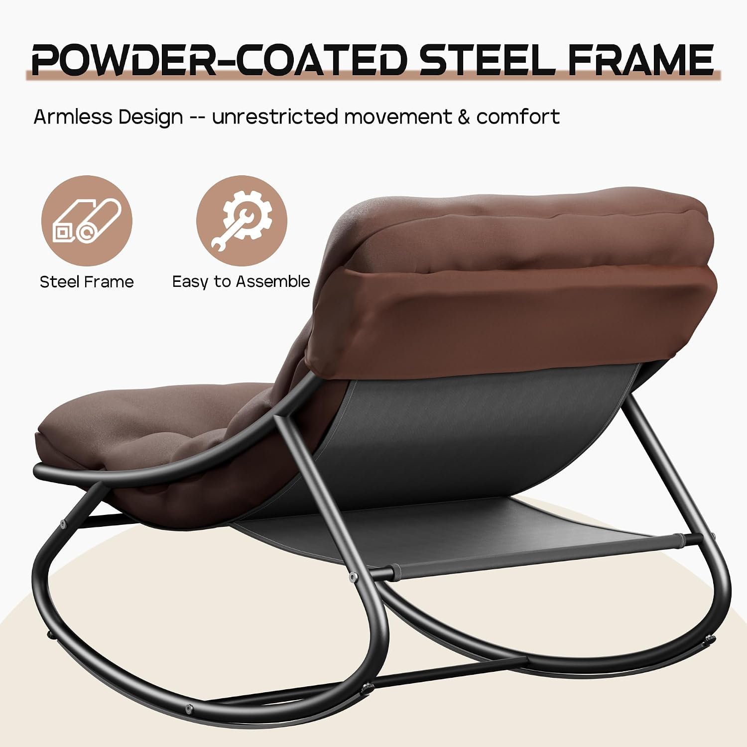 Outdoor Rocking Chair, Oversized Patio Papasan Rocking Chair with Cushion, Modern Comfy Lounge Rocker Chairs for Indoor Balcony Porch (Brown)