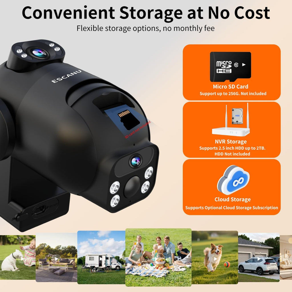 ESCANU Wireless Home Security Cameras System,Solar Power PTZ Outdoor Cameras,Motion Detection,Night Vision,Water-Proof,2-Way Audio,No Subscription Fee,Cloud/SD Card Storage