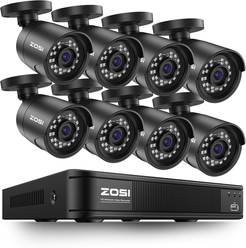 ZOSI 3K Lite Home Surveillance Security Camera System with AI Human Vehicle Detection, 8CH H.265+ CCTV DVR and 8 x 2MP 1920TVL Wired Weatherproof Bullet Cameras Outdoor, 100ft Night Vision (No HDD)