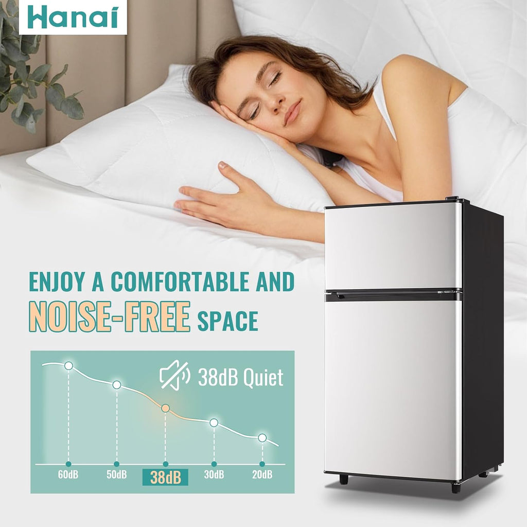 WANAI 3.5 Cu.Ft Mini Fridge with Freezer, Freestanding Refrigerator for Office, Dorm, Apartment, 7-Level Adjustable Thermostat, 2 Removable Shelves and Bakset, Small Fridge in Silver