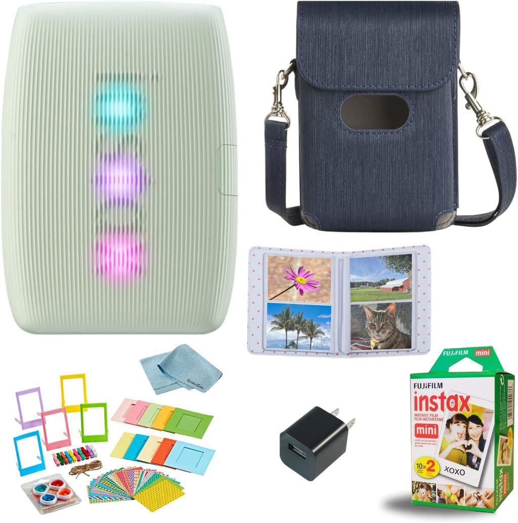 Fujifilm INSTAX Mini Link 3 Smartphone Printer + INSTAX Mini Instant Film (20 Sheets) + USB Wall Charger + BluebirdSales Travel Bag, Photo Album, Microfiber Cleaning Cloth (Sage Green)