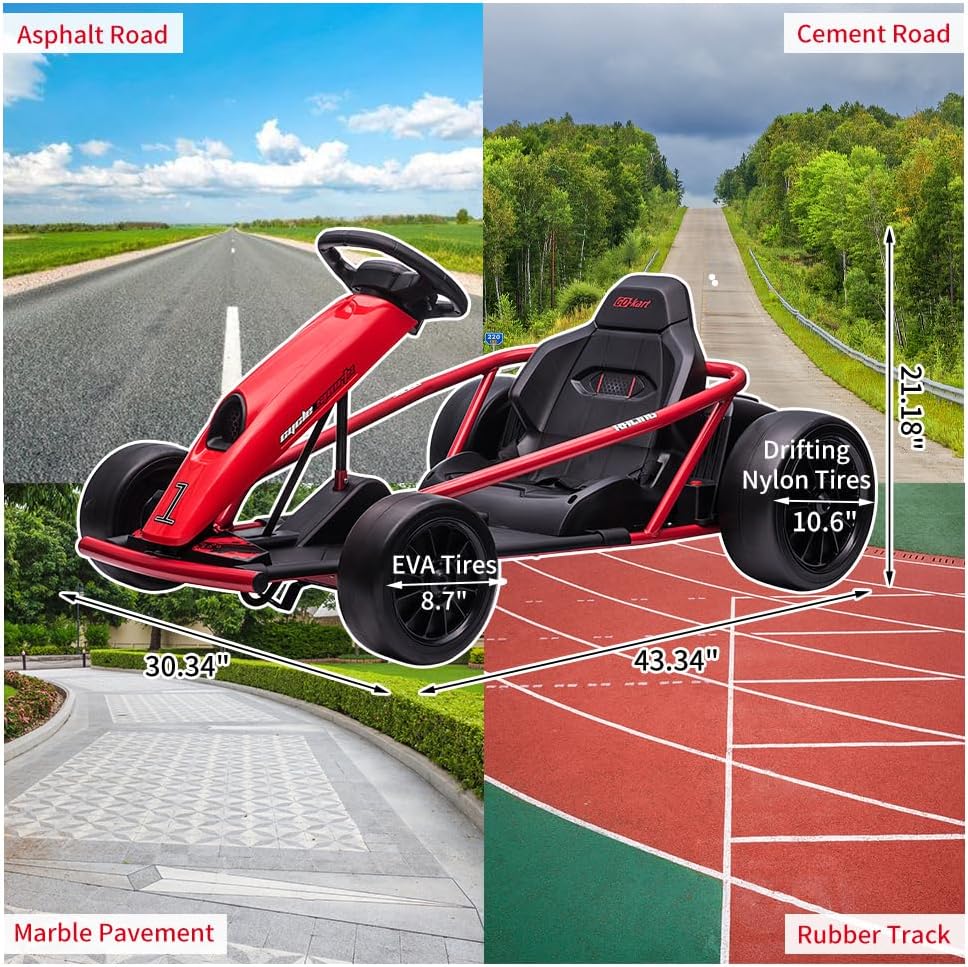 Go Kart, Big Kids Electric Karts, 24v 2 x 300w 8MPH Support for Smooth Slew Drift with Slow Start and Seat Belt for Double Protection, with Musical Horns, Maximum Load 180Lbs, for Kids 8-11 Year