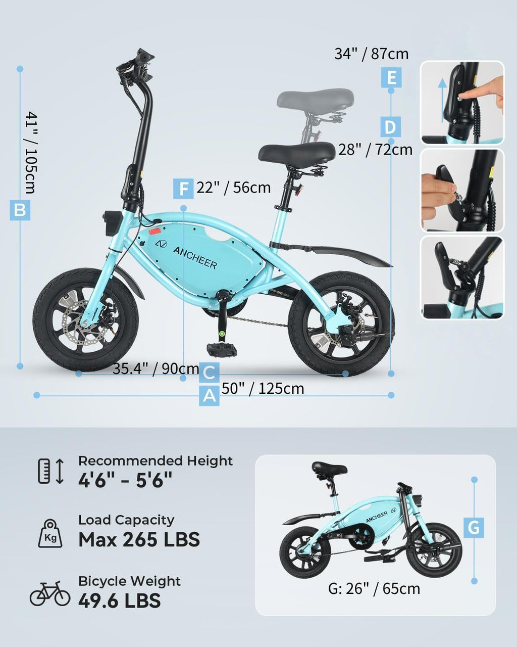ANCHEER 14' Folding Electric Bike for Adults, 19.8MPH Ebike with 350W Motor[Peak 500W], 48V 374Wh Battery, Cruise Control, UL2849 Compliant Electric Bicycle, Compact Electric Mini Bike for Teens