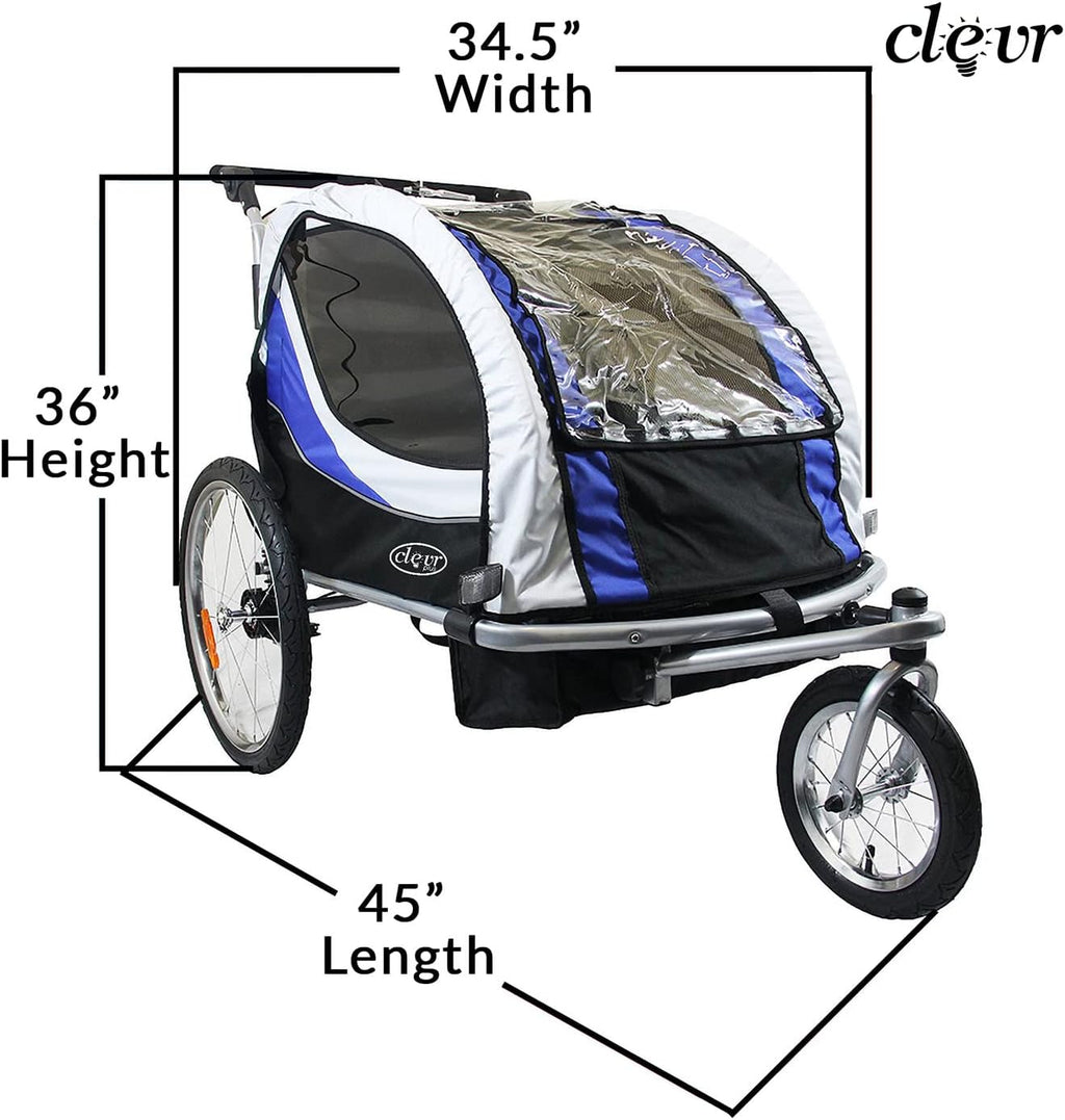 ClevrPlus Deluxe 3-in-1 Double 2 Seat Bicycle Bike Trailer Jogger Stroller for Kids Children | Foldable Collapsible w/Pivot Front Wheel
