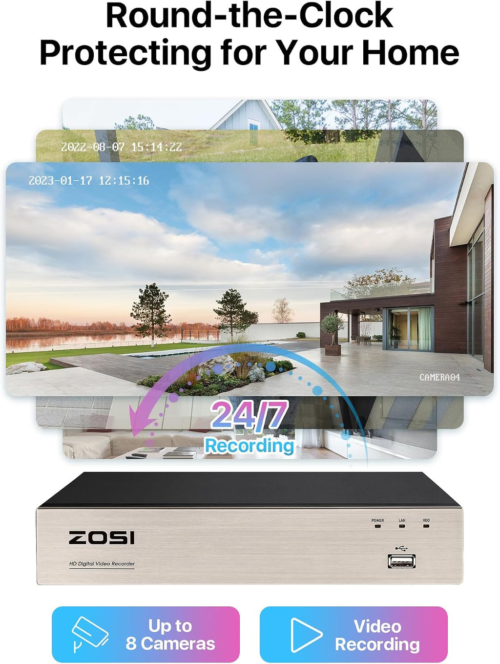 ZOSI 3K Lite 8CH Home Security Camera System Outdoor Indoor, 5MP Lite 8 Channel CCTV DVR, 8pcs 1080P 1920TVL Bullet Cameras (No HDD)