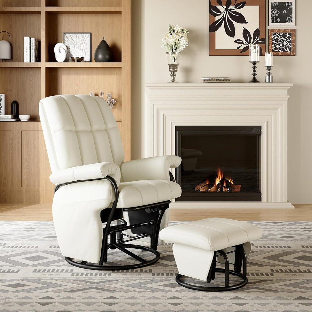 AODAILIHB 360° Swivel Glider Recliner with Ottoman, Nursing Glider Rocking Chair with Foot Rest & 2 Side Pockets for Nursery, Living Room, Bedroom, Office, White