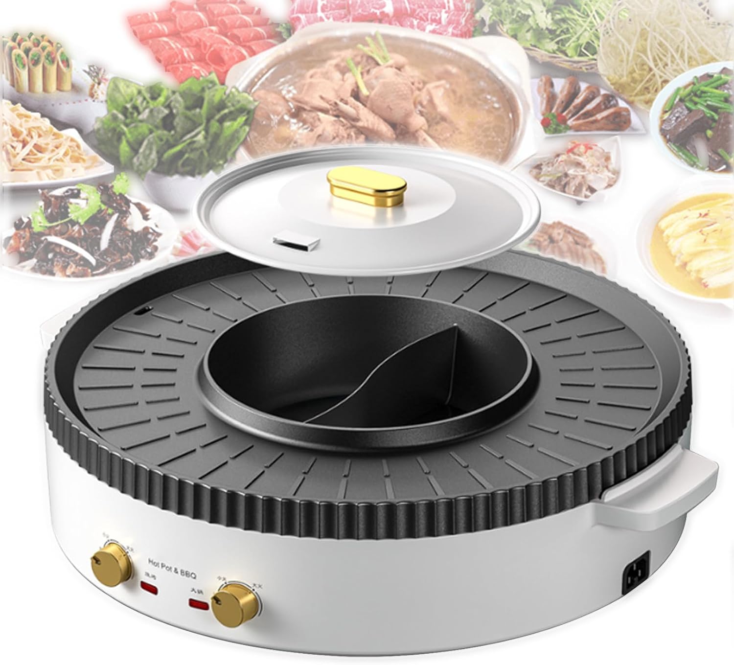 Household Electric Hot Pot with Grill, Teppanyaki Grill Pot and BBQ Pan, Independent Temperature Control, Non-stick Coating, Easy to Clean, For 2-6 People to Enjoy, 1500 W,A