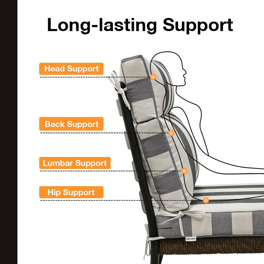 Unimatta Outdoor Separate High Back Chair Cushion Seat Pads, 2-Pack 44 x 21 Inch Water-Repellent & Fade-Resistant Patio Furniture Cushions with Ties for Adirondack, Rocking Chairs, Gray Stripe