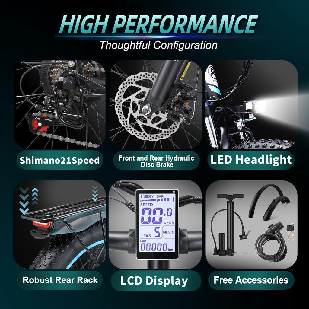 Peak 2000W Electric Bike 27 MPH 48V15Ah Removable Battery Max 40-80 Miles E Bike for Adults 26' Fat Tire Ebike 21-Speed All Terrain for Mountains Snow Sand Road