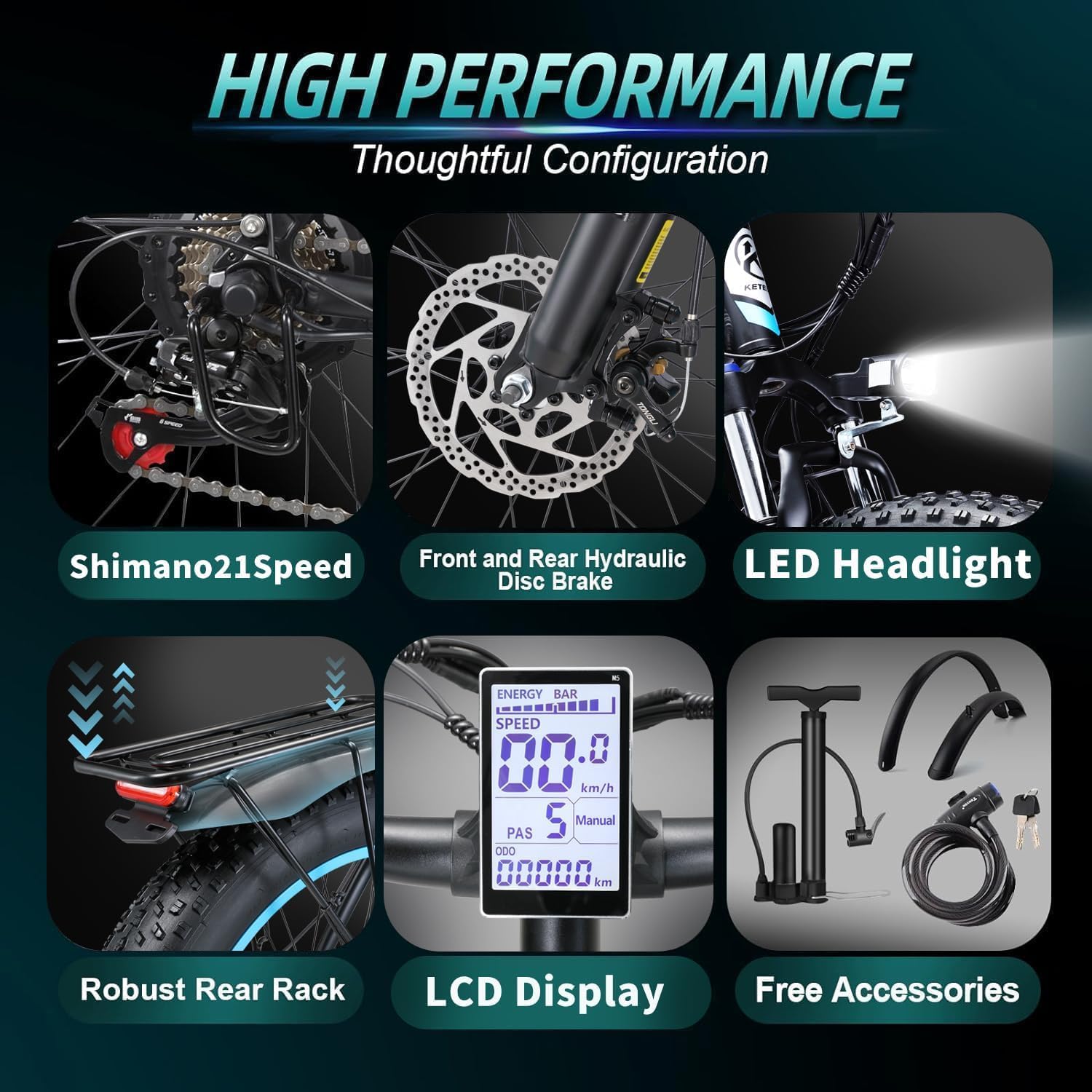 Peak 2000W Electric Bike 27 MPH 48V15Ah Removable Battery Max 40-80 Miles E Bike for Adults 26' Fat Tire Ebike 21-Speed All Terrain for Mountains Snow Sand Road