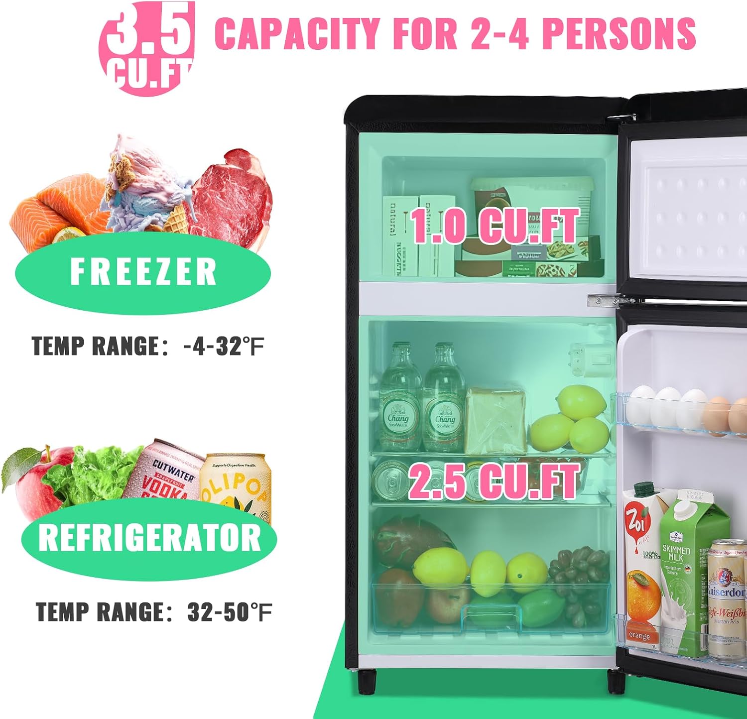 DEMULLER 3.5 Cu.ft Black Mini Fridge 2 Door Compact Refrigerator with Freezer, Small Refrigerator with 7 Adjustable Temperature Control, 2 Removable Glass Shelves and 1 Crisper Drawer
