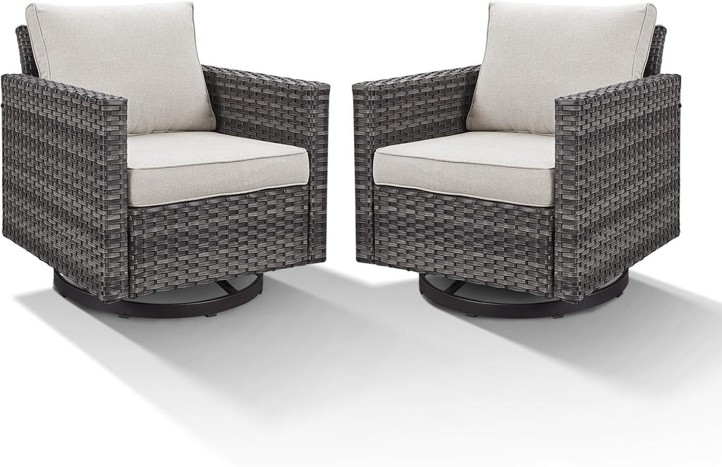 Outdoor Swivel Rocking Chairs,360 Degree Patio Swivel Glider Chair Set of 2 with High Back and Thickened Cushions for Deck Porch Garden Backyard-Grey/Beige