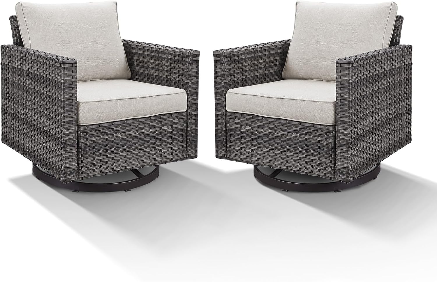 Outdoor Swivel Rocking Chairs,360 Degree Patio Swivel Glider Chair Set of 2 with High Back and Thickened Cushions for Deck Porch Garden Backyard-Grey/Beige