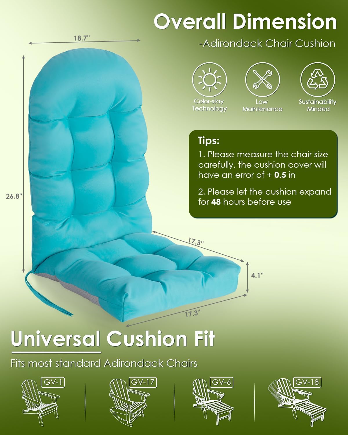 GREENVINES Adirondack-Chair-Cushions-Set-of-4 | Polyester | Waterproof | Outdoor High Back Rocking Chairs Cushion | Seat with Ties | Non-Slip | Thickened Pad for Patio | 44.5' x 18.9' x 4.5' | Arctic