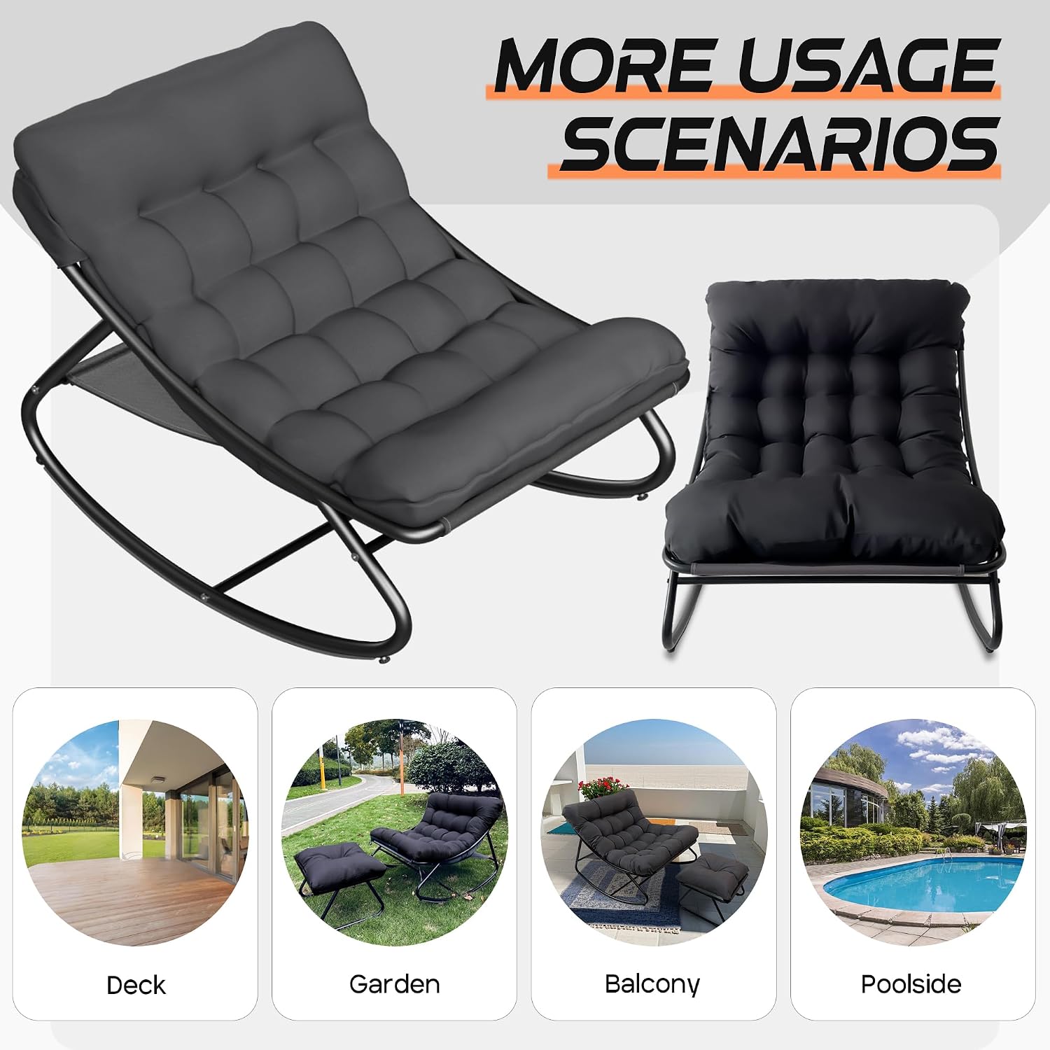Outdoor Papasan Rocking Chair with Cushion, Oversized Rocking Chair with Ottoman, Modern Cozy Lounge Rocker Chair, Comfy Egg Chairs for Indoor Balcony Porch Patio, Grey