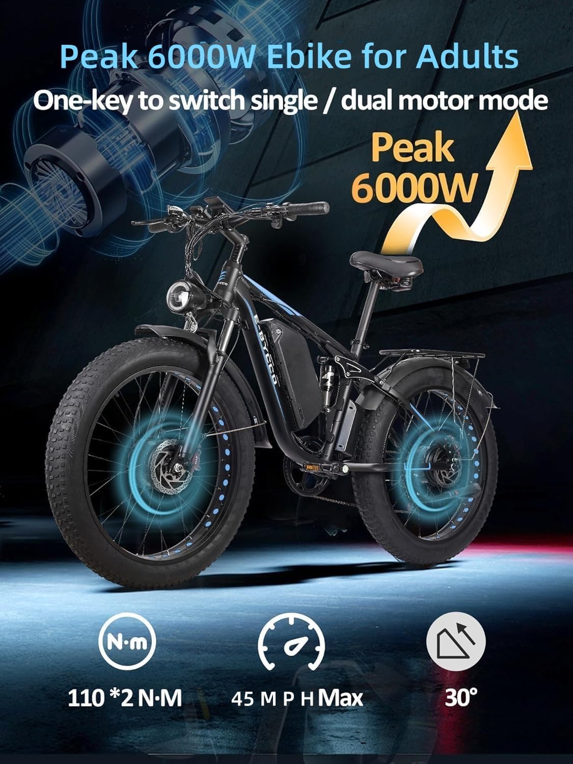 6000W Peak Electric Bike for Adults, 52V 32AH Dual Motor E-Bike, Up to 90Mile & 45 M P H All-Terrain Fat Tires Full Suspension 24/26 Inch Electric Bicycles Hydraulic Disc Brake for Road UL2849 by SGS