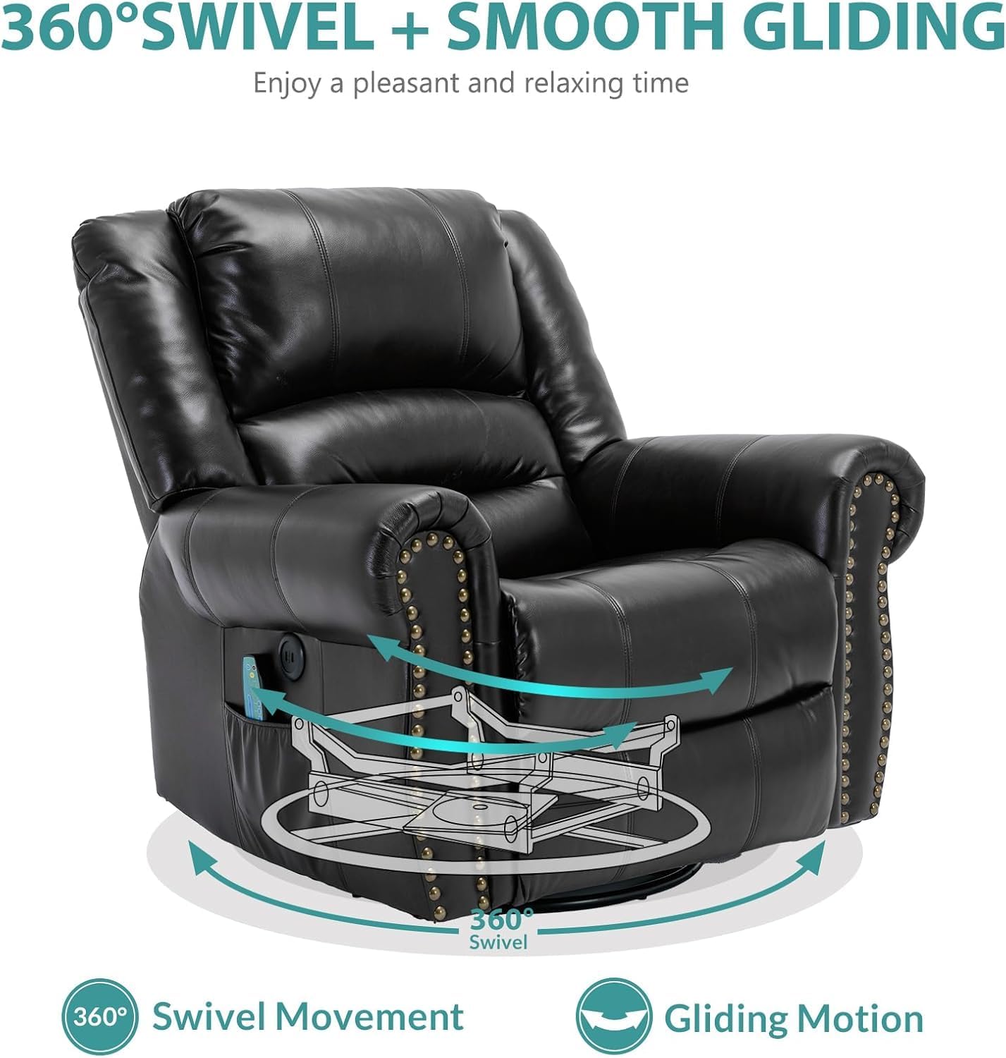 MEETWARM Oversized Swivel Rocker Recliner Chair with Heat and Massage, Manual Glider Rocking Recliner Chair, 360°Swivel Nursery Reclining Sofa with Remote Control/USB Ports for Living Room(Black)