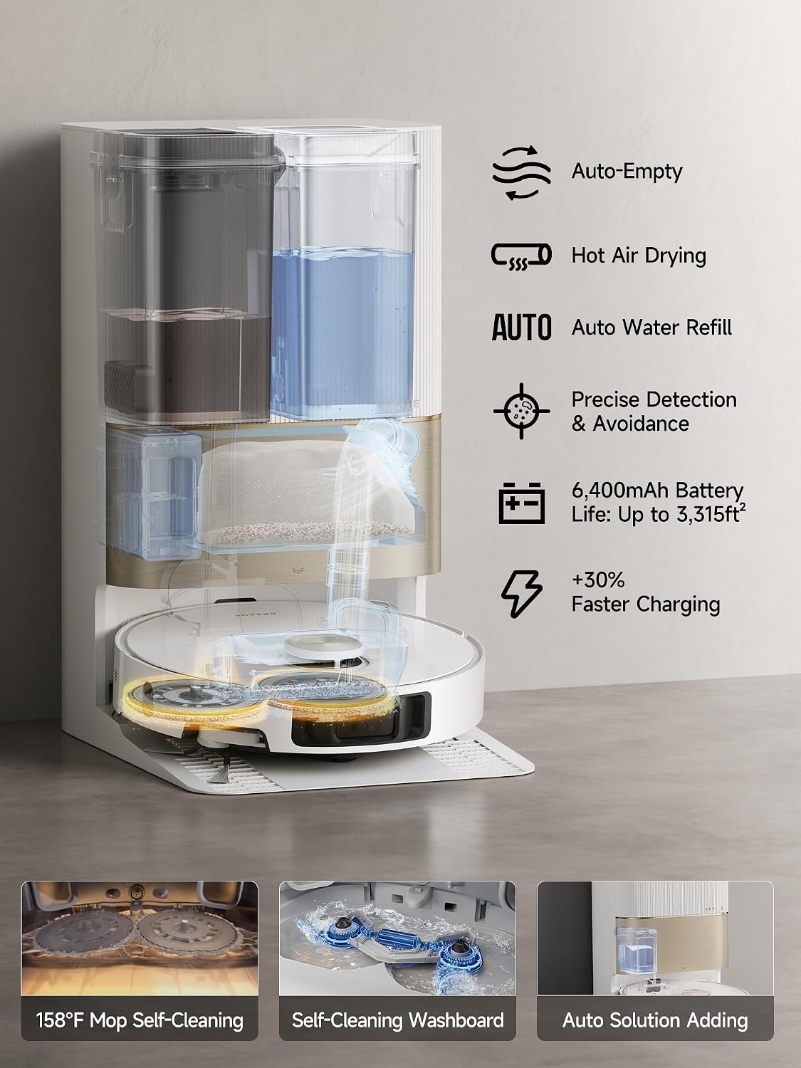 DREAME X40 Ultra Robotic Vacuum with Removable & Liftable Mop, 12,000Pa Suction, 158°F Mop & Washboard Self Cleaning, Auto-Empty, Auto Refill, liftable Brushes White (Renewed)