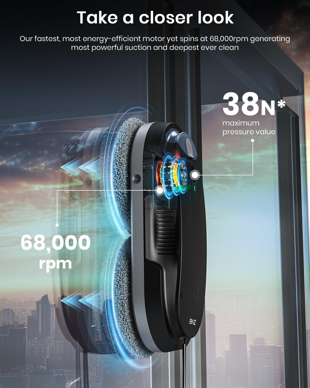 BNZ Smart Window Cleaning Robot, Twin Turbo & Dual Auto-Spray Window Cleaner with Multiple Safety System, AI Path Planning, Frameless Edge Detection, K1 (Matt Black)