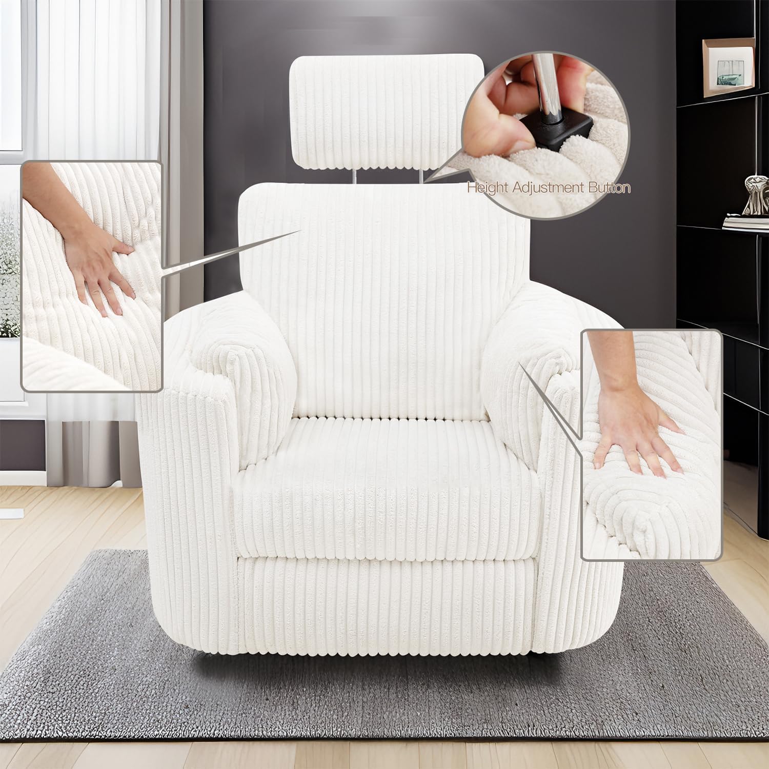 Zenosyne Power Swivel Recliner Rocking Chair Nursery Glider Rocker with Headrest, USB and Type-c Port, Corduroy Electric Reclining Sofa Chair Arm Chair for Living Room (White)