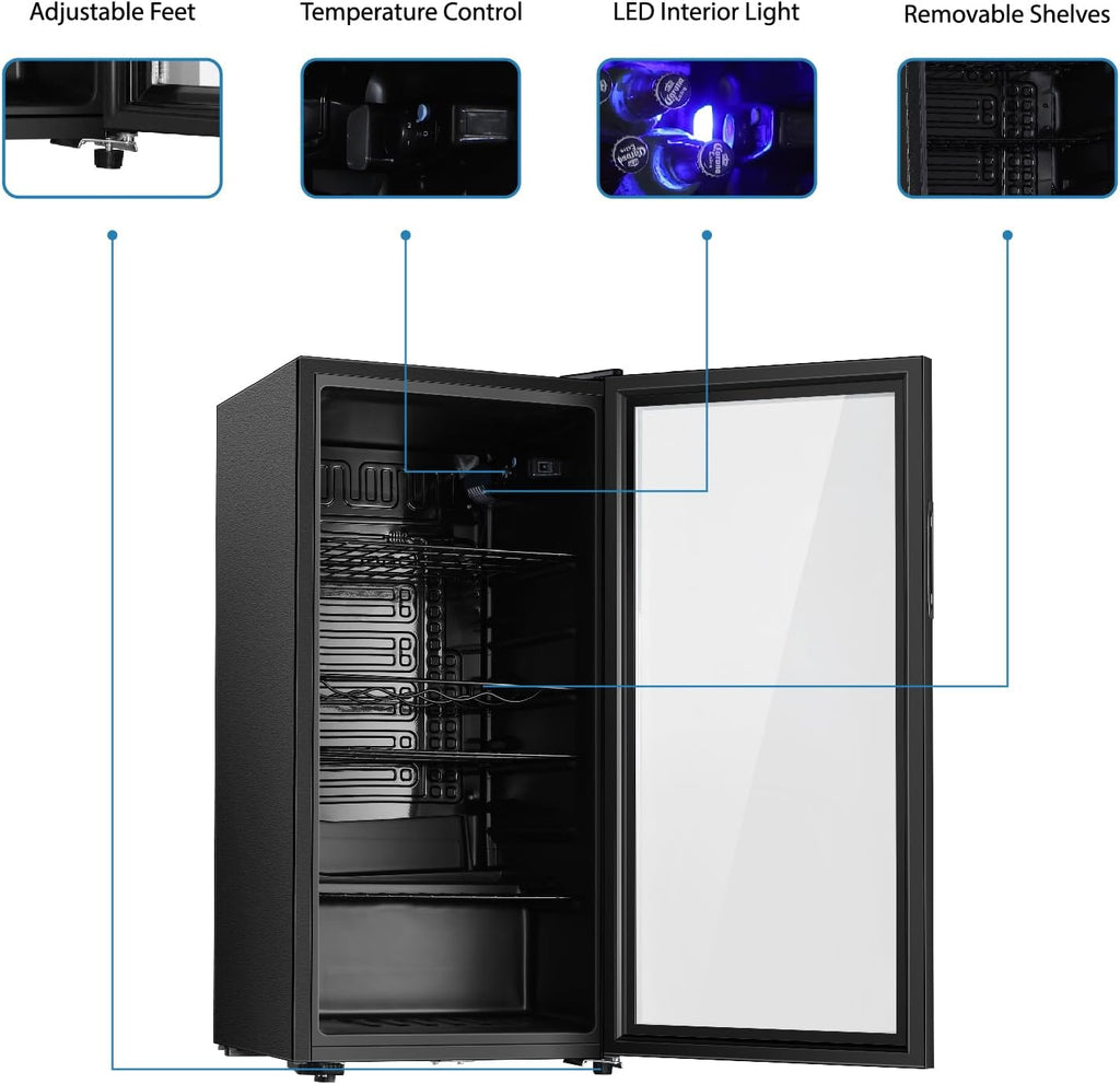 Beverage Refrigerator, 4.5 Cu.ft Mini Fridge with Double Glass Door, Cooler for Soda, Beer or Wine for Home, Office or Bar with Adjustable Removable Shelves (Black)