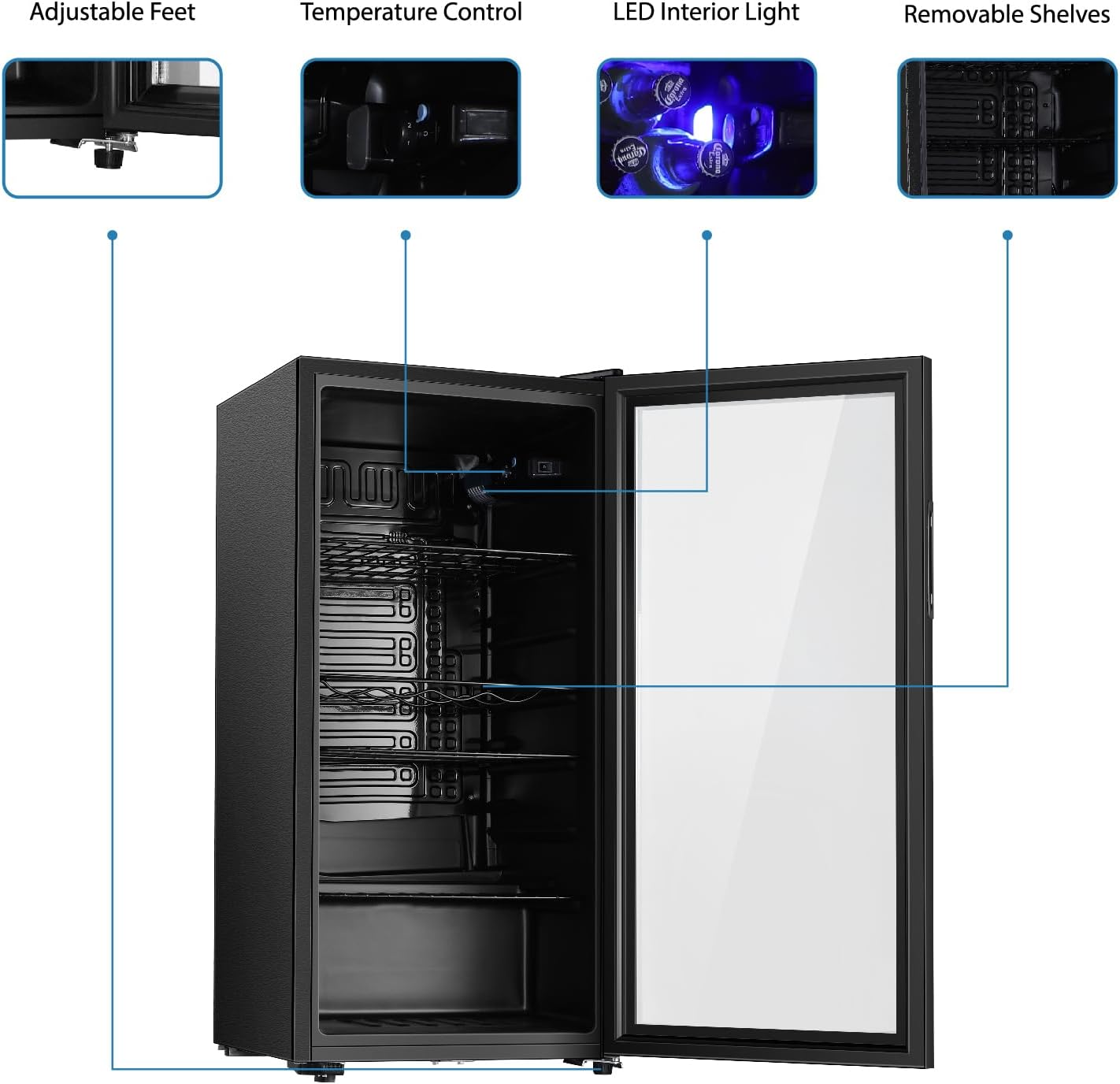 Beverage Refrigerator, 4.5 Cu.ft Mini Fridge with Double Glass Door, Cooler for Soda, Beer or Wine for Home, Office or Bar with Adjustable Removable Shelves (Black)