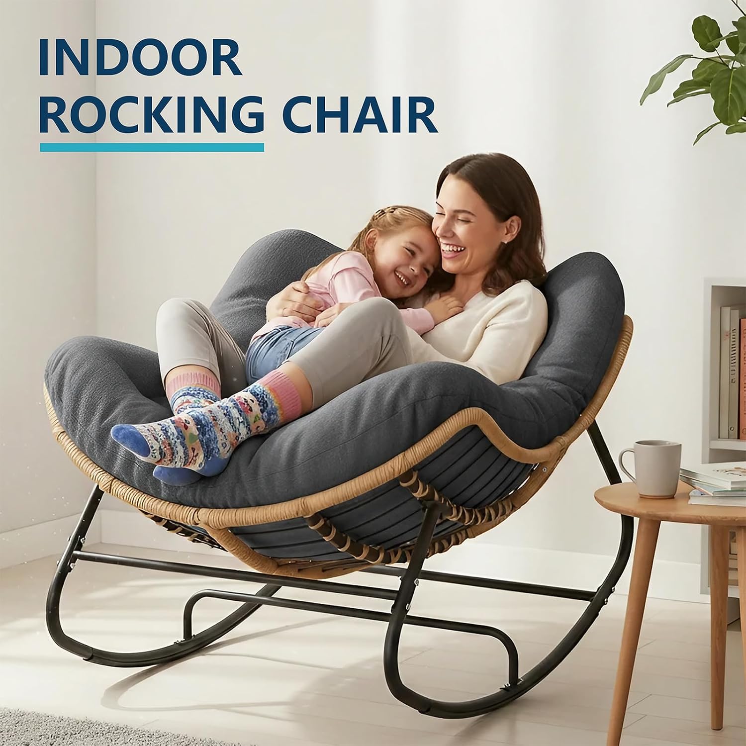 LEYCAY Outdoor Rocking Chair, Oversized Papasan Chair, Indoor Comfy Lounge Rocker with Cushion for Patio, Living Room, Porch, Balcony-Dark Grey