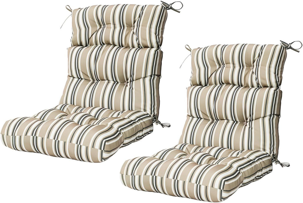 COOS BAY Outdoor Chair Cushions High Back 46x22 Inch, Tufted Patio Seat Cushions with Ties, Water-Resistant Replacement Pads, 2 Pack, Beige Stripes