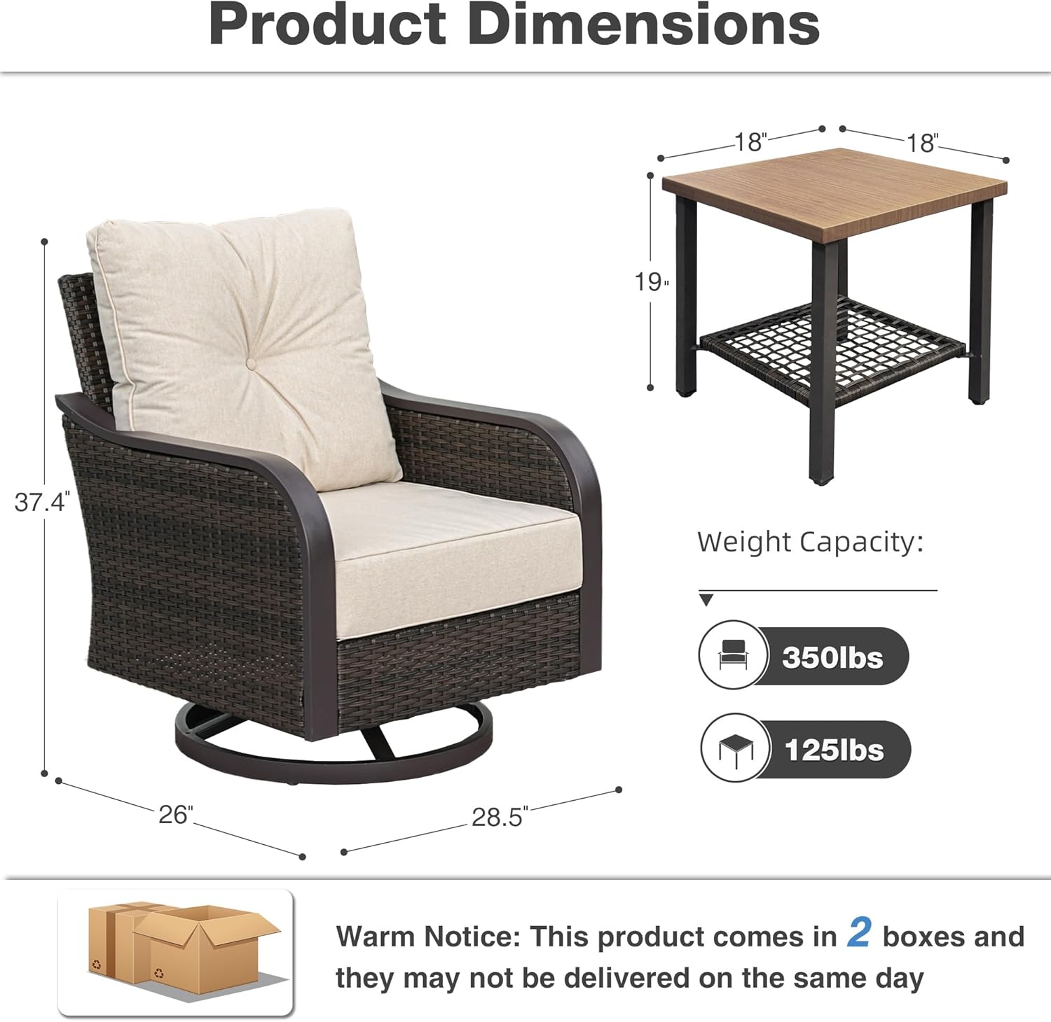 Outdoor Swivel Rocker Chairs, Wicker Swivel Rocking Chairs with 6'' Thick Cushions and Side Coffee Table, 3 Piece Patio Furniture Set for Balcony, Porch, Deck, Poolside, Beige
