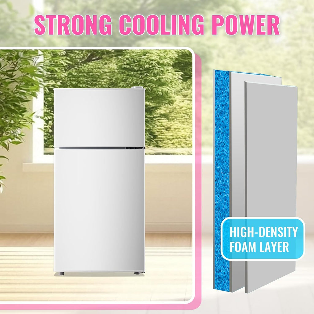 DEMULLER Retro Mini Fridge with Freezer Dual Door Apartment Size Small Refrigerator with Egg Tray, Dorm Fridge with Removable Plastic Shelves, 2.4Cu.ft, 14.96' D x 14.57' W x 30.8' H, White