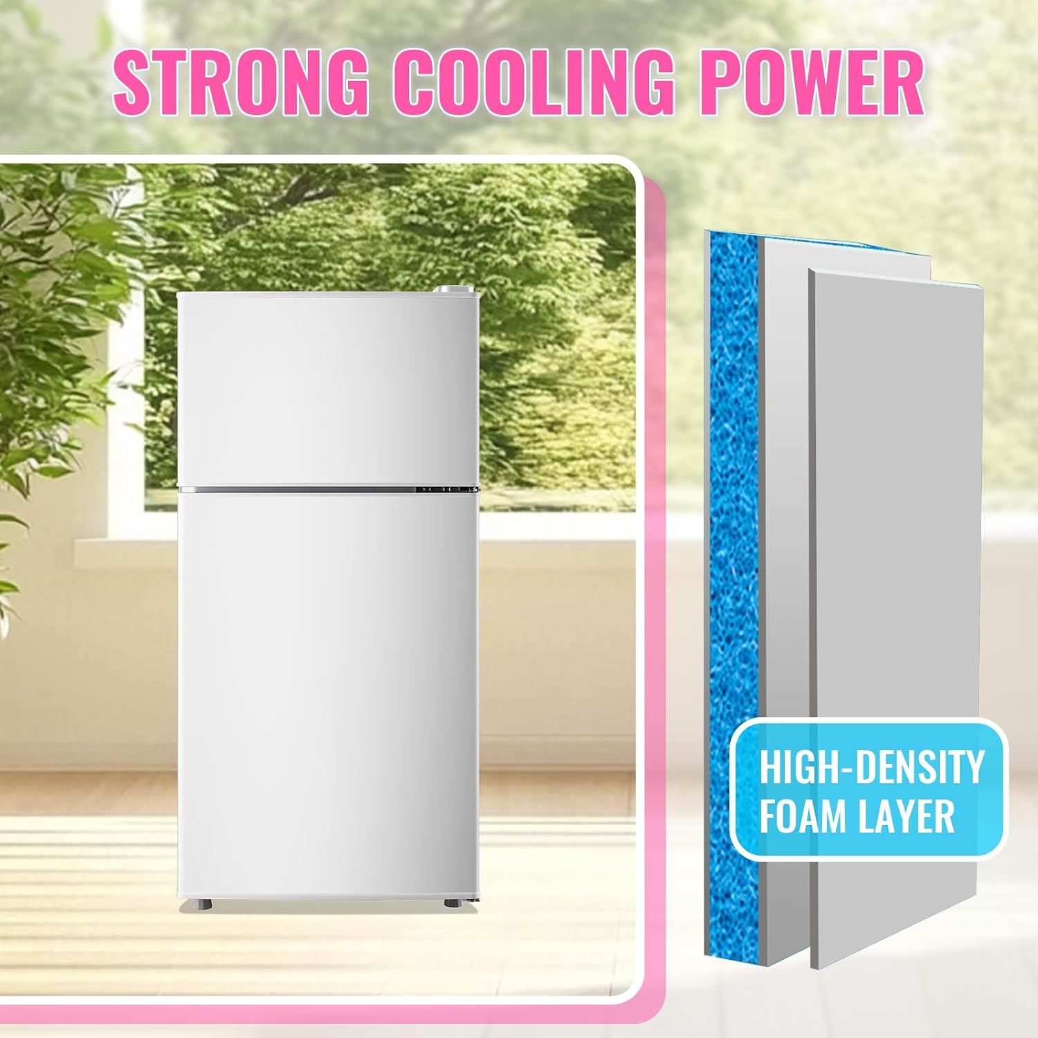 DEMULLER Retro Mini Fridge with Freezer Dual Door Apartment Size Small Refrigerator with Egg Tray, Dorm Fridge with Removable Plastic Shelves, 2.4Cu.ft, 14.96' D x 14.57' W x 30.8' H, White
