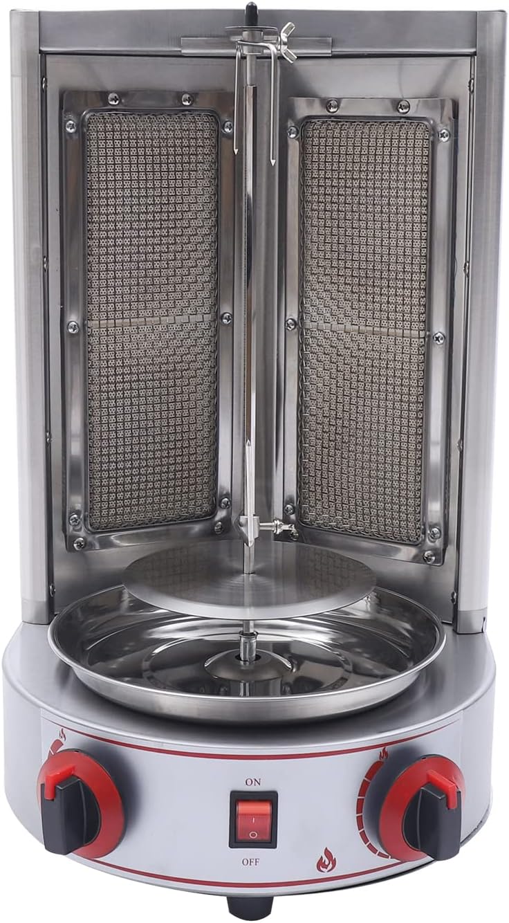 Gas Shawarma Machine Commercial Shawarma Rotisserie, LPG Gyro Machine Gas Vertical Broiler, Countertop Gyro Grill 360° Rotating Doner Kebab Machine Commercial Shawarma Grill w/ 2 Burners